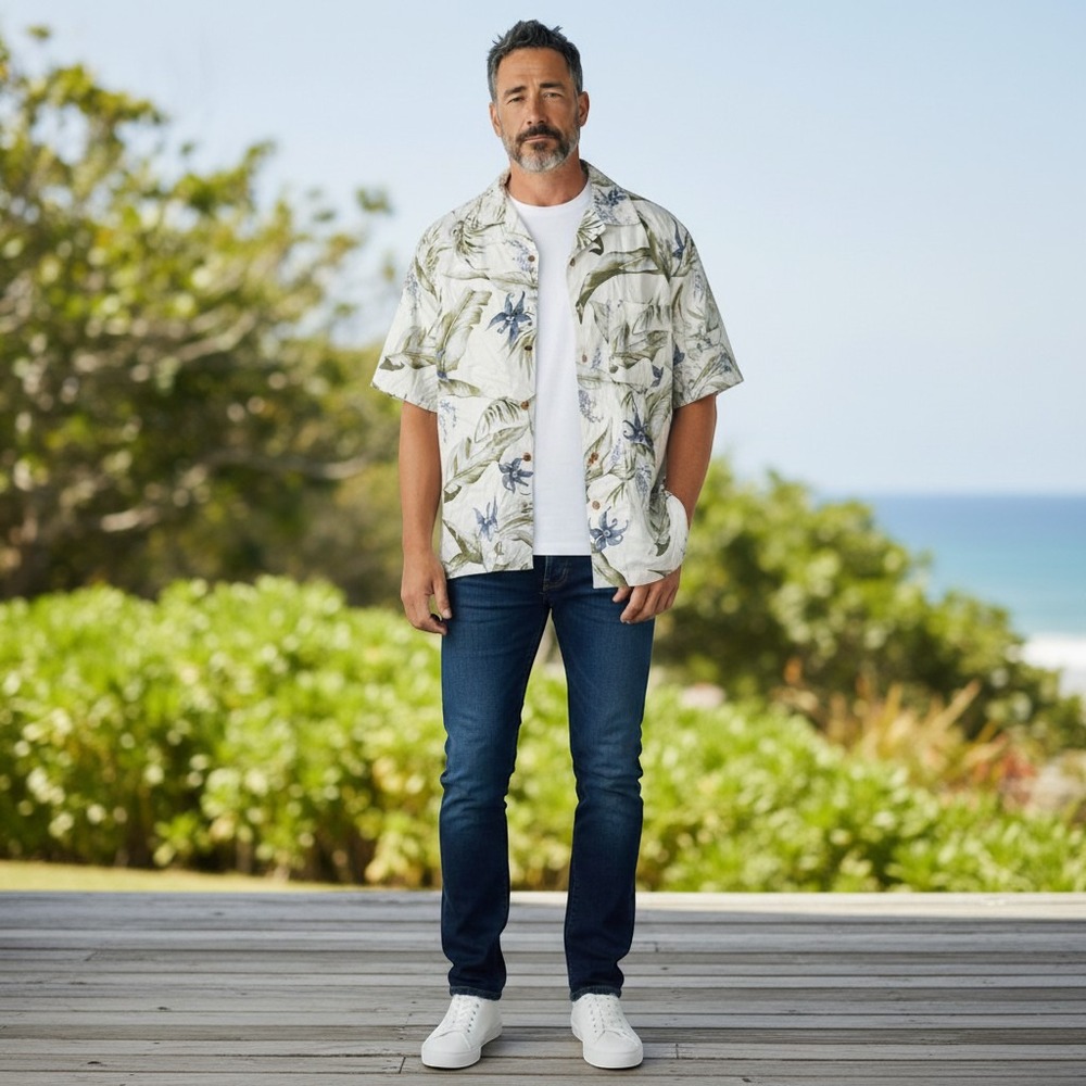 Caribbean Silk Blend Floral Hawaiian Shirt Medium Cream Green Tropical EXCELLENT